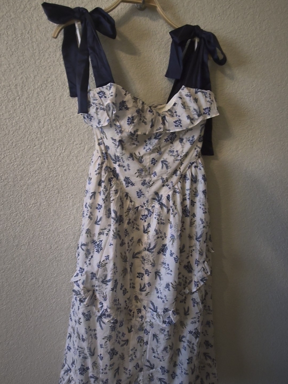 Lulu's White Dress with Blue Floral Print and Navy Tie Straps